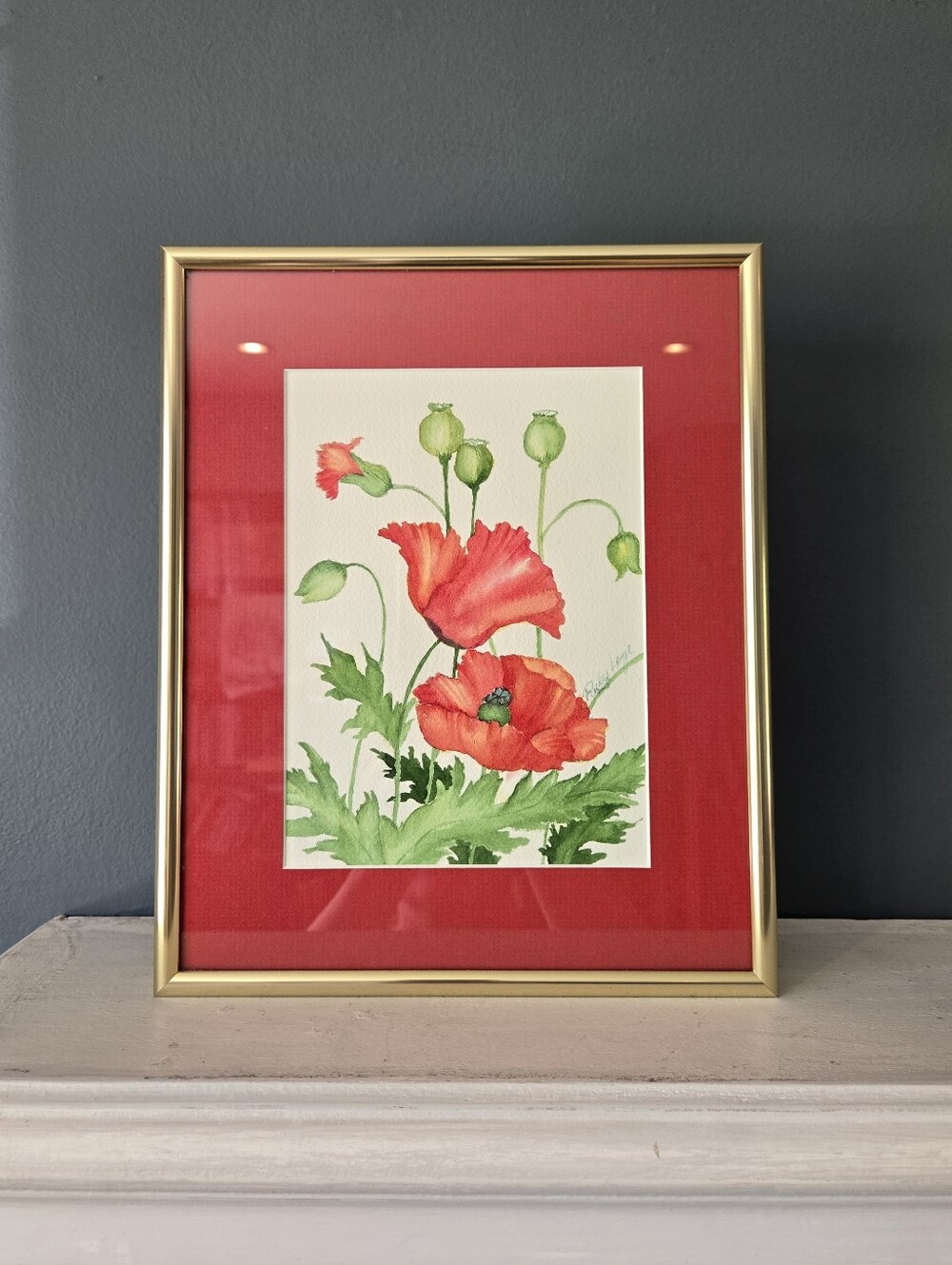 Original Framed Poppy Watercolor Art - Red Mat, Gold Frame
